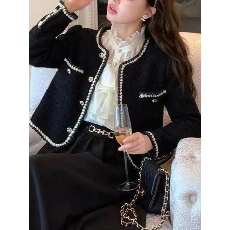 Podzim Zima Móda Vintage Bundy Dámské Korejský Elegantní Jednořadé Zkrácené Sako Tweed Dlouhý Rukáv Ležérní Krátký Svršek