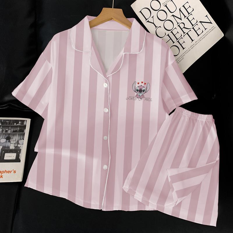 Ice Silk Pajamas Women'S Summer Short-Sleeved Cardigan Three-Piece Set Children'S Fun Cat Cartoon Loungewear