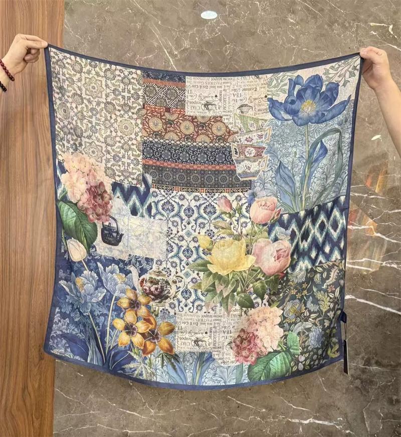 Double-Sided Faux Silk And Wool Printed Scarf For Women Spring And Autumn 90Cm Square Scarf Foulard Bandana Femmel Headscarf
