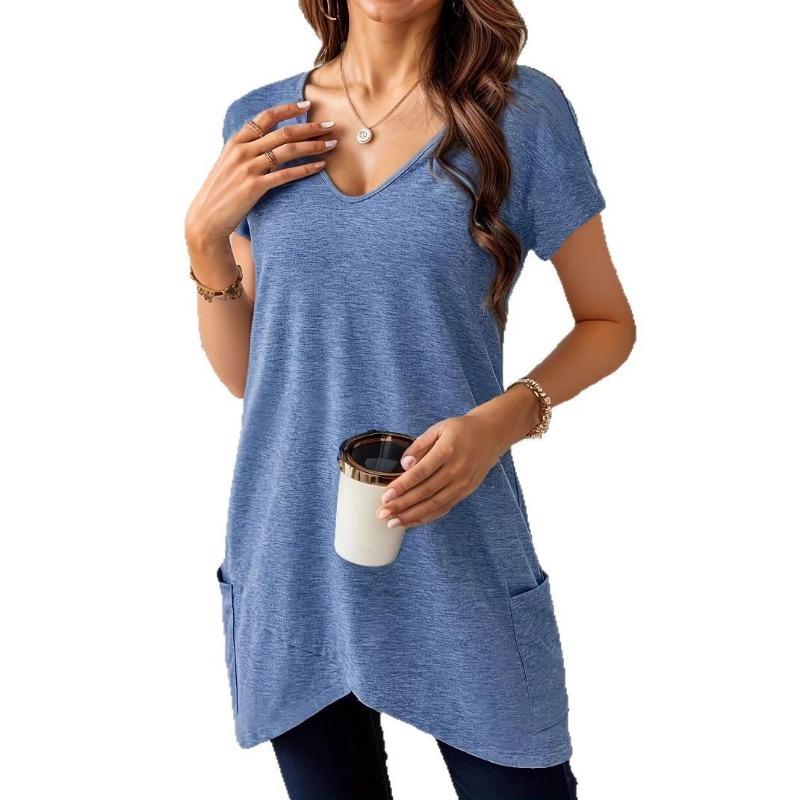 Frühling und Sommer Neues Damen Einfarbig V-Ausschnitt Tasche Lässig Vielseitig und Modisch T-Shirt Top