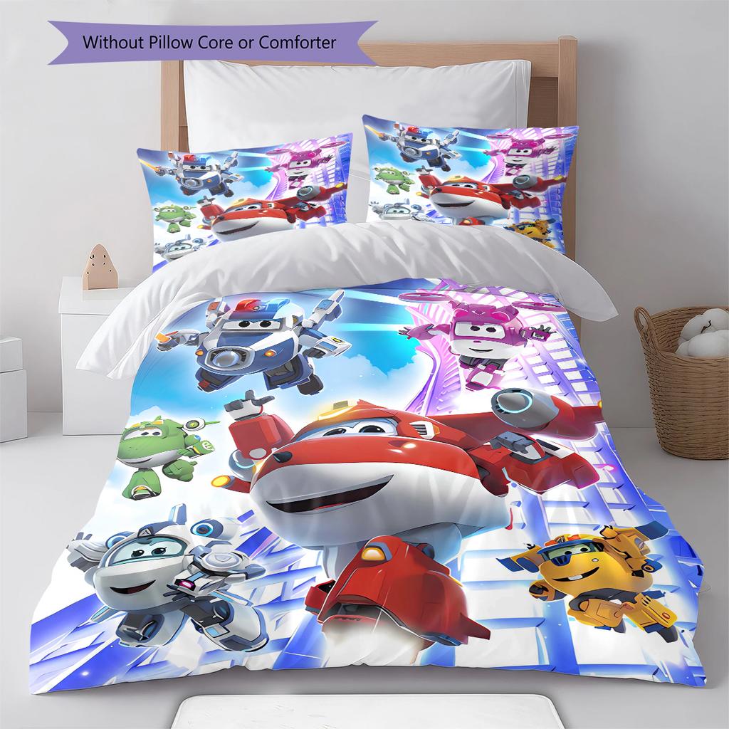 Super Wings Vzor Povlečení Sada Prošívaných Dek Quilt Cover Povlak na Polštář Domácí Dekorace Dárek (1 * povlak na peřinu + 2 * povlak na polštář, bez jádra)