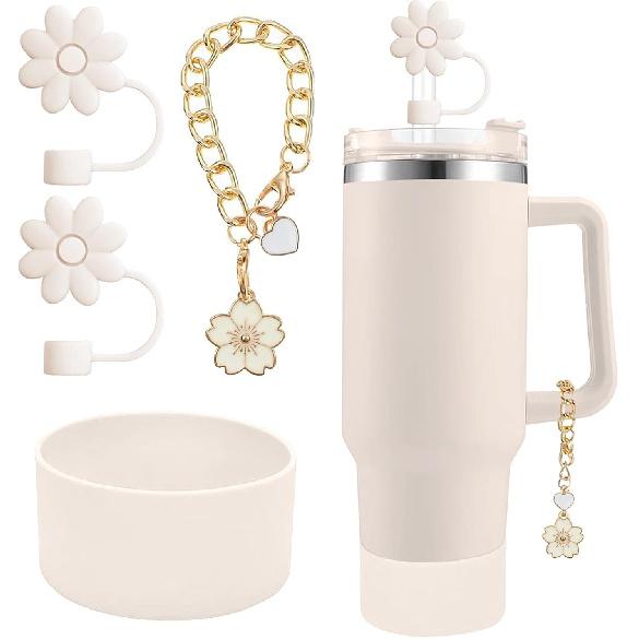 Accessories for Stanley Cup Set,2Pcs Flower Straw Cover Caps 10mm Reble Brown Straw Toppers,1Pcs Cute Handle Charm and 1Pcs Silicone Boot Sleeve for