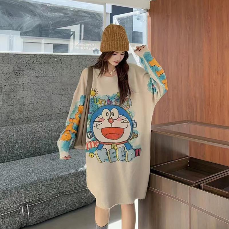 Doraemon Women's Loose-Fit Rhinestone Sweater Dress - Autumn/Winter Collection