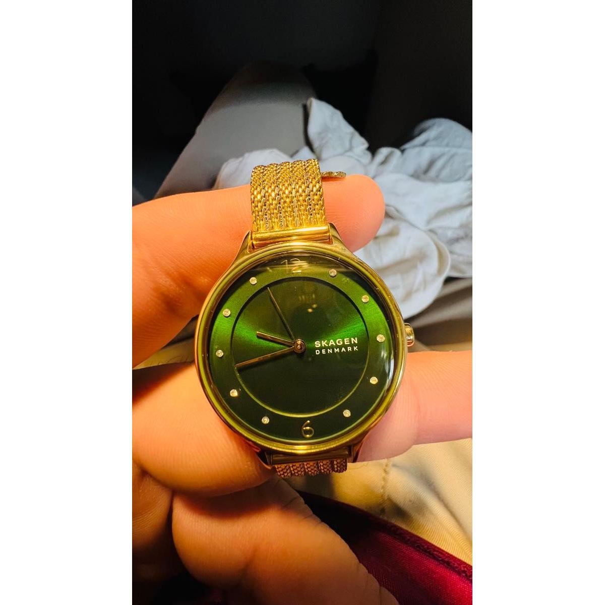 Used SKAGEN DENMARK Women s Watch Gold Green Dial Mesh Belt