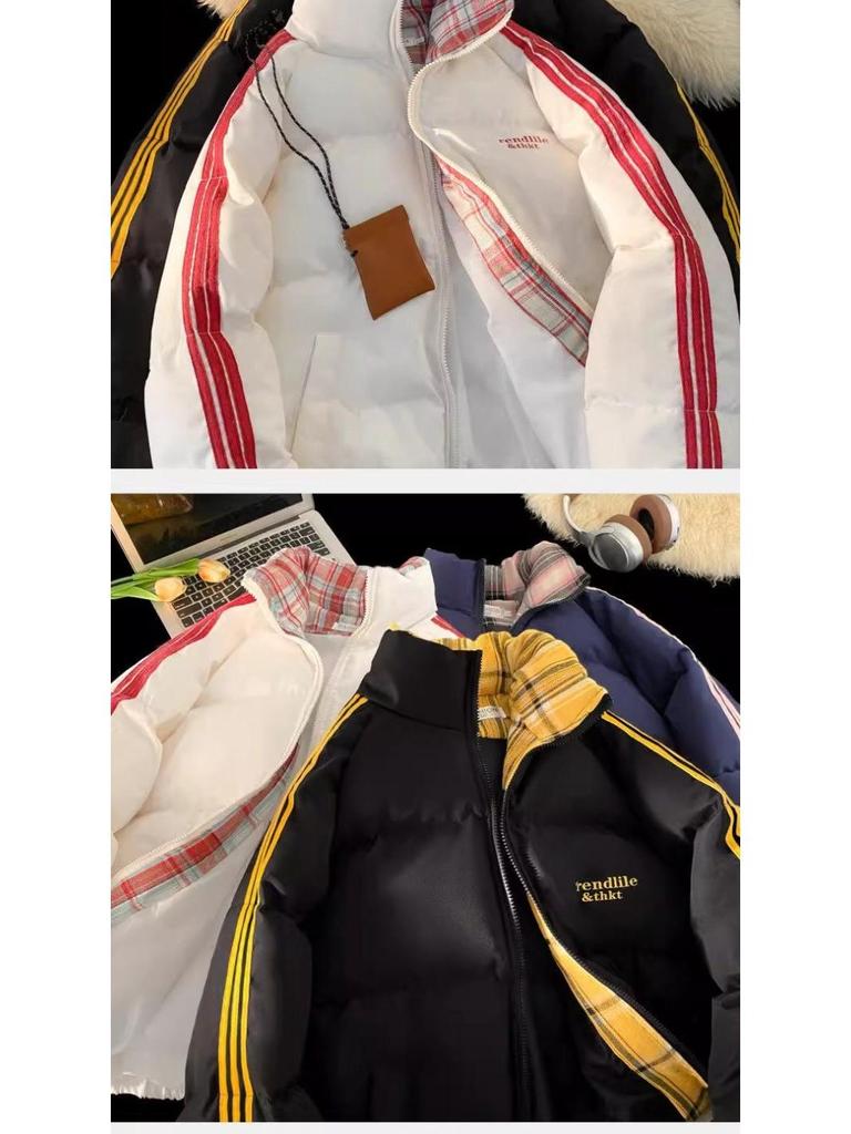 Men's Trendy American Style Striped Patchwork Cotton Puffer Jacket - Winter 2025 Warm and Thickened Outerwear