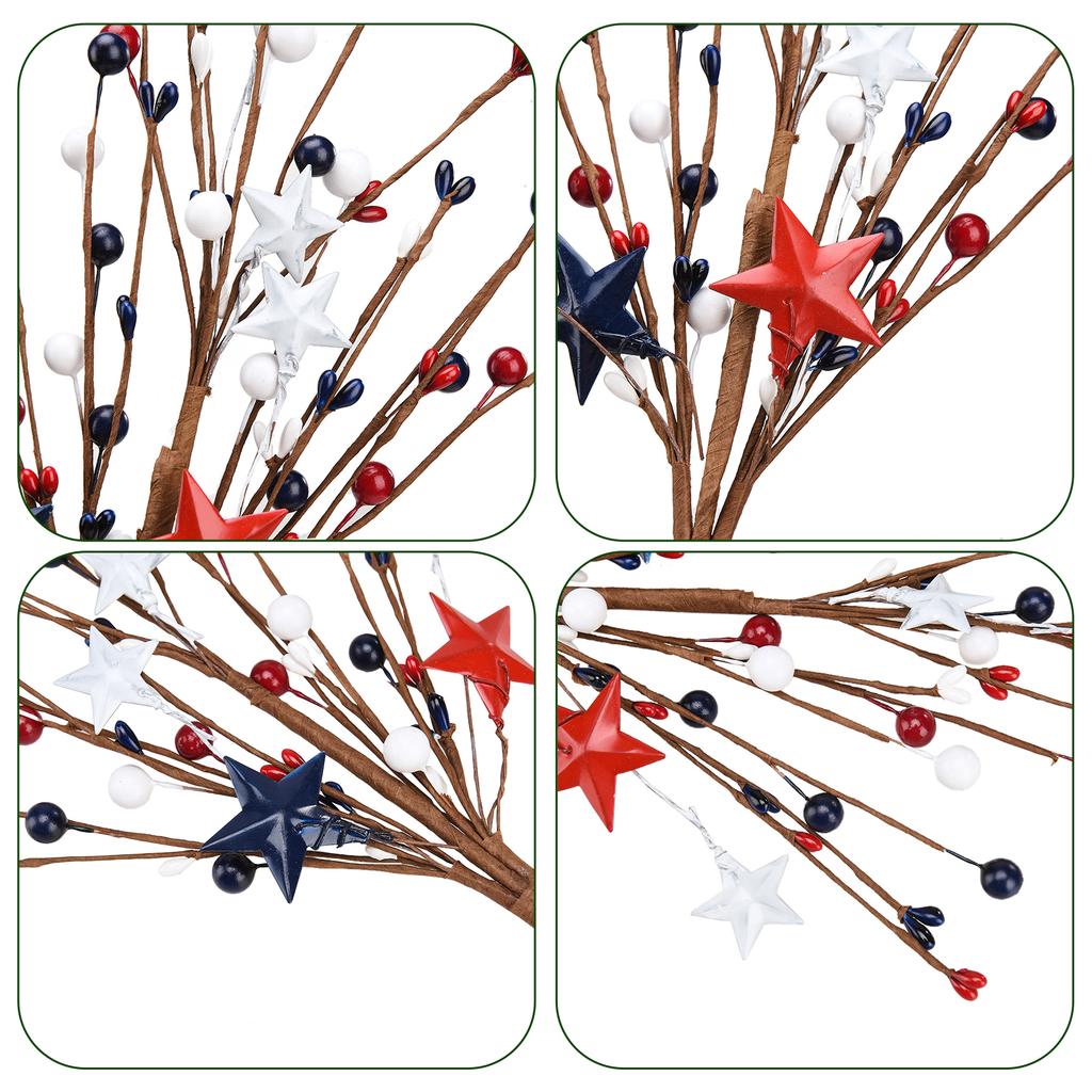 Patriotic Artificial Berry Stem Pick Red White Blue Berries Pick for 4th of July Pentagram Faux Branch for Home Office