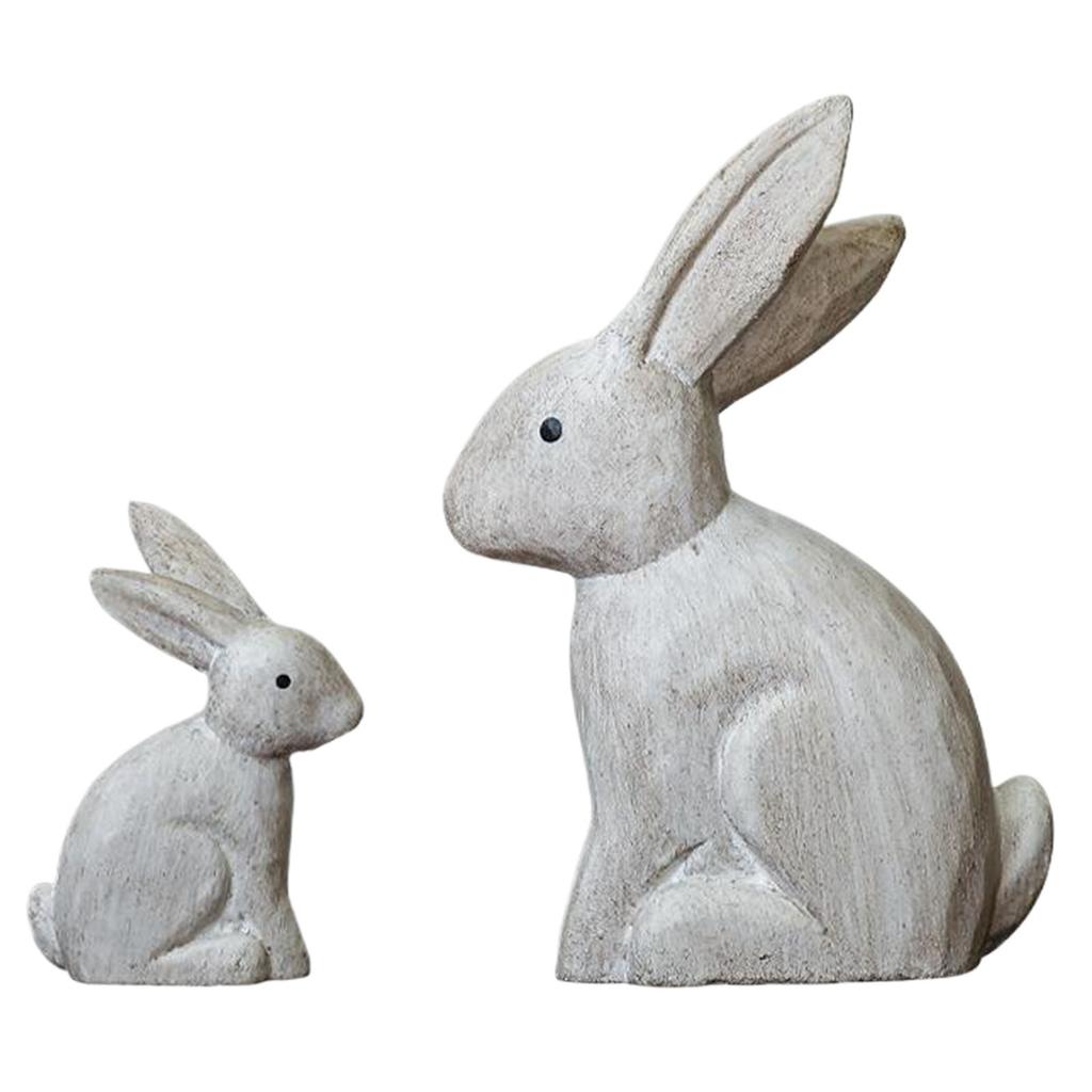 Easters Rabbit Statue Set of 2 Cute Wooden Bunnies Figurines Decors for Living Room or Bedroom Desktop Display Ornaments