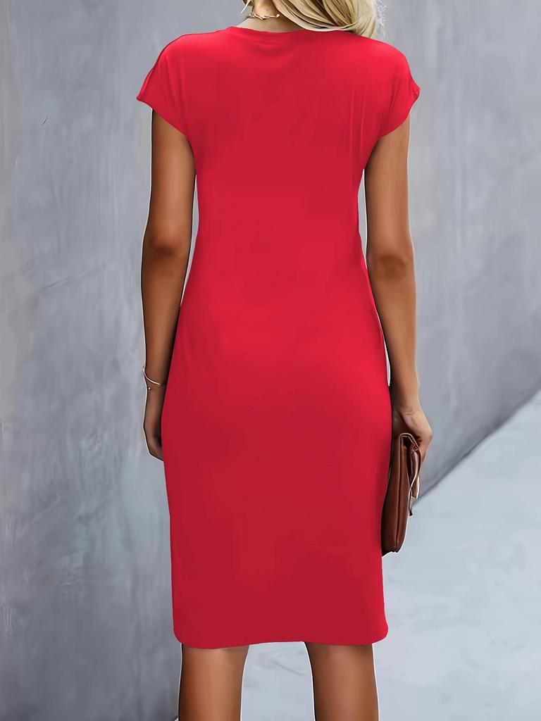 Women's Casual Bodycon Midi Dress with Front Knot and Round Neck
