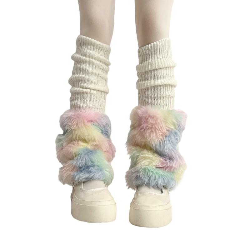 Winter Warm Leg Warmers Y2K Knitted Leg Socks Faux Furs Leg Warmer for Womens 1