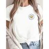 European Size Women's Pure Oversized White T-Shirt with Large White Daisy Flower & Black Short Sleeve - Soft Casual Short Sleeve Round Neck Top