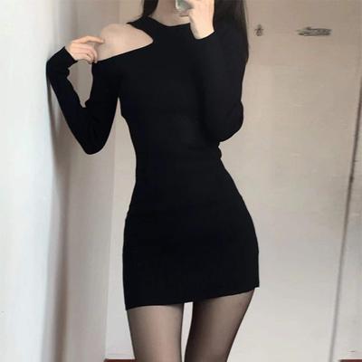Women's Slim Solid Color Bare Shoulder Pure Wind Sexy Royal Sister Wind Bottom Sweater Wrapped Hip Dress