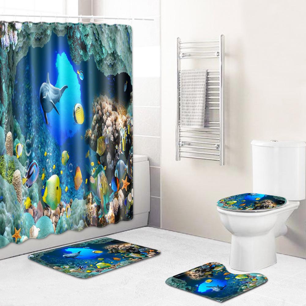 Fashion Sea World Dolphin Shower Curtain Set Bathroom Non-Slip Bath Mat Toilet Lid Cover Polyester Waterproof