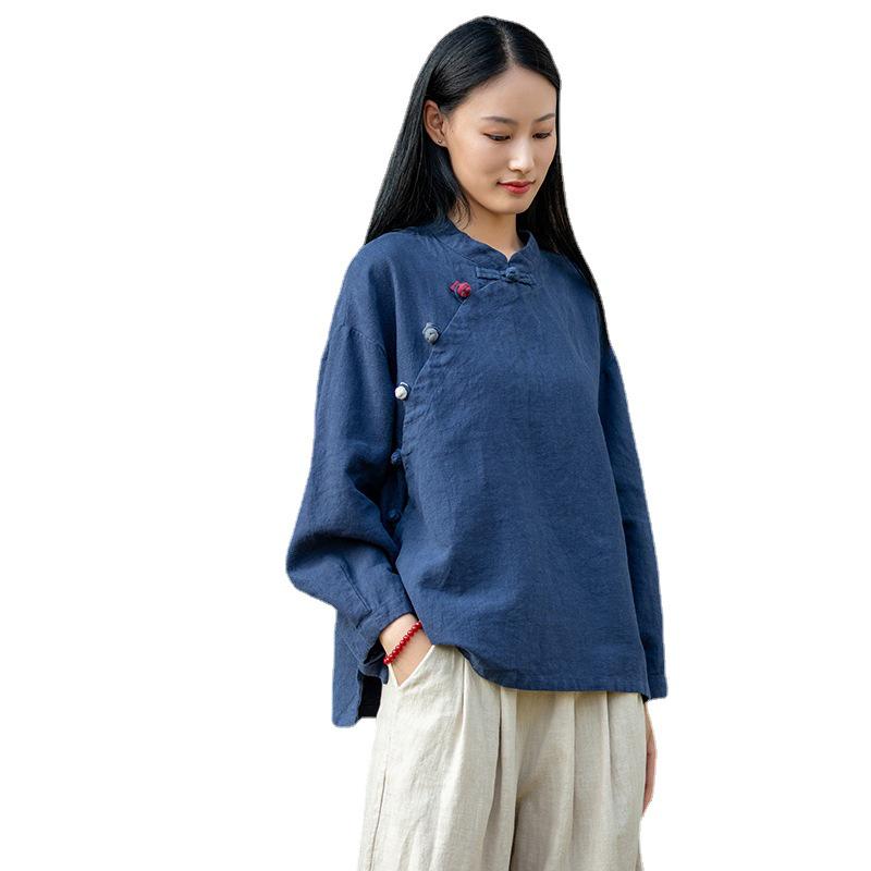 Artistic Retro Chinese Style Women's Ramie Frog Button Long Sleeve Shirt for Spring and Autumn Tea Ceremonies