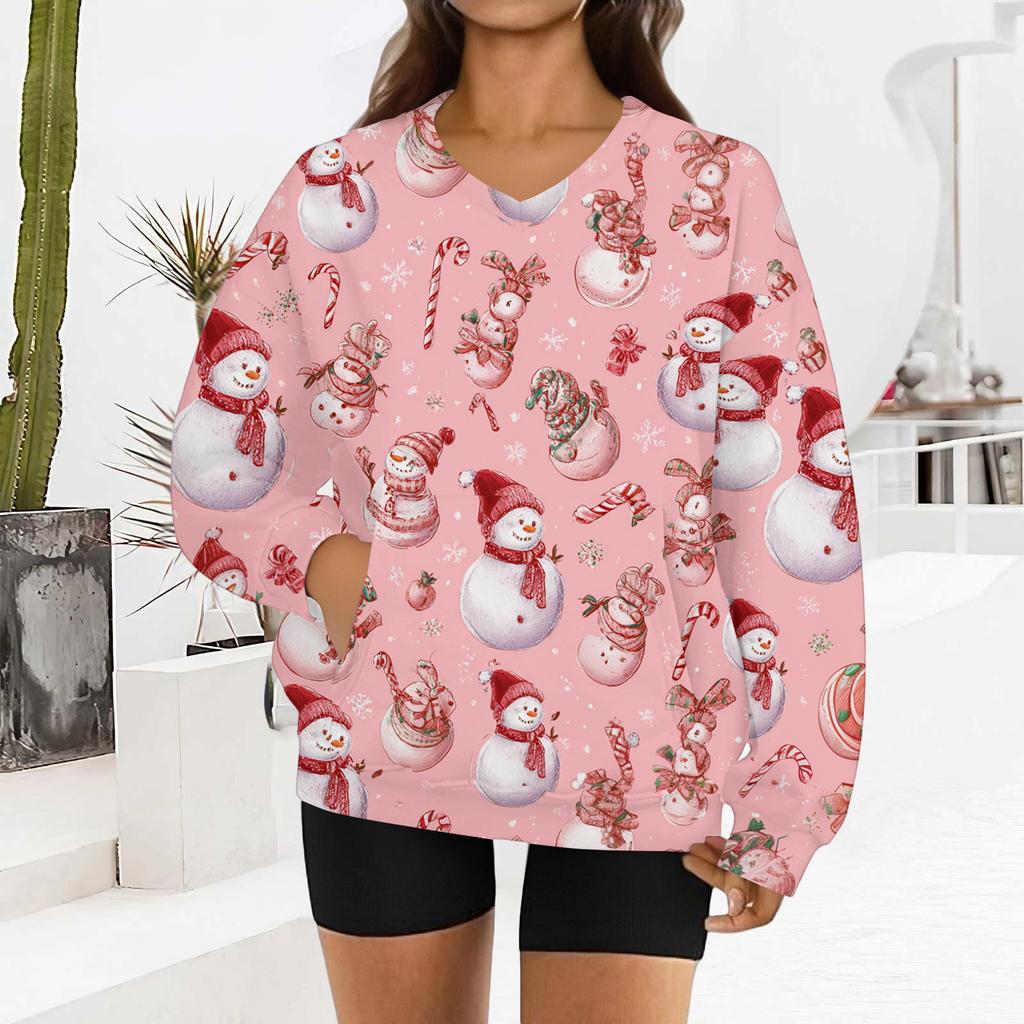 Women's Fashionable Christmas Print Long-sleeved V-neck Sweatshirt
