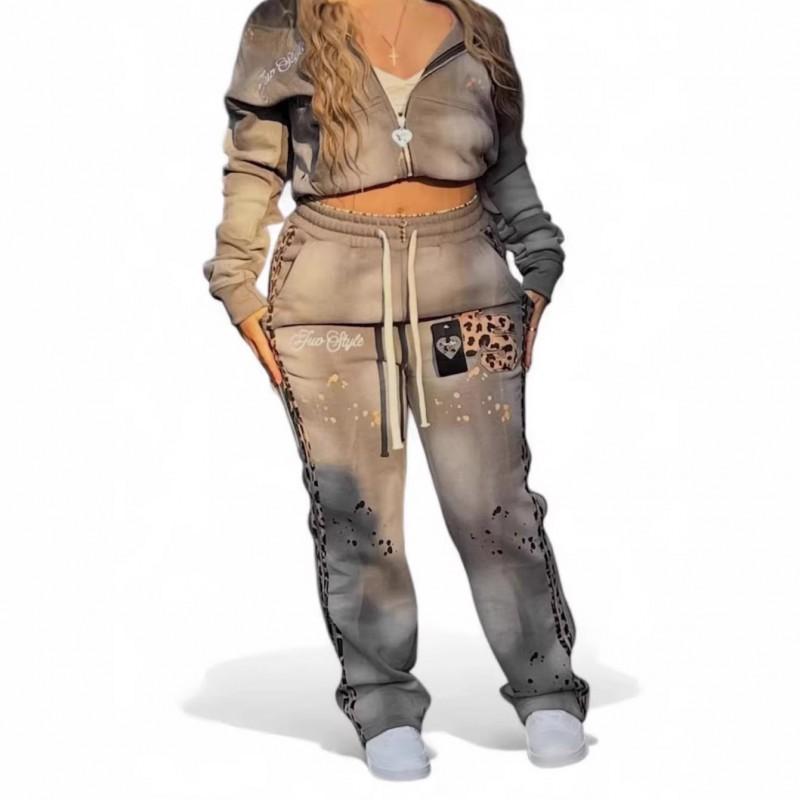 Streetwear mikina s kapucí a kalhoty Set Muži Ženy Leopard Písmeno Na zip Rovné nohavice