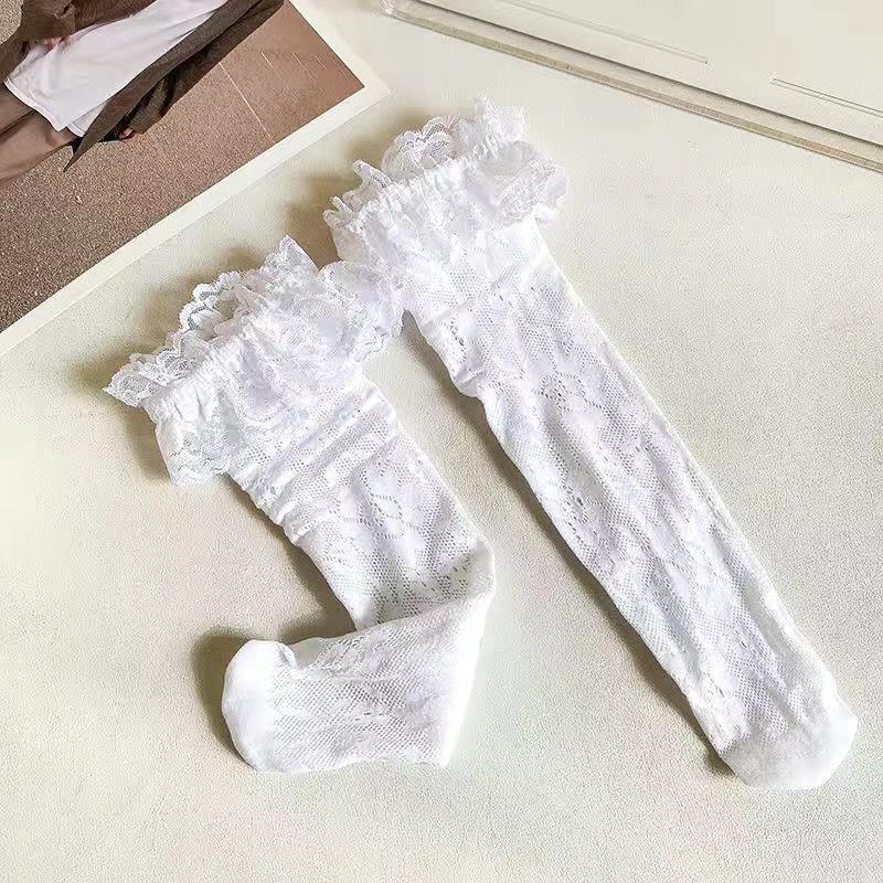 1 Pair New Children Lace Stockings Bow Girl Calf Socks Summer Thin Breathable Design Beige Children Mid Tube Socks