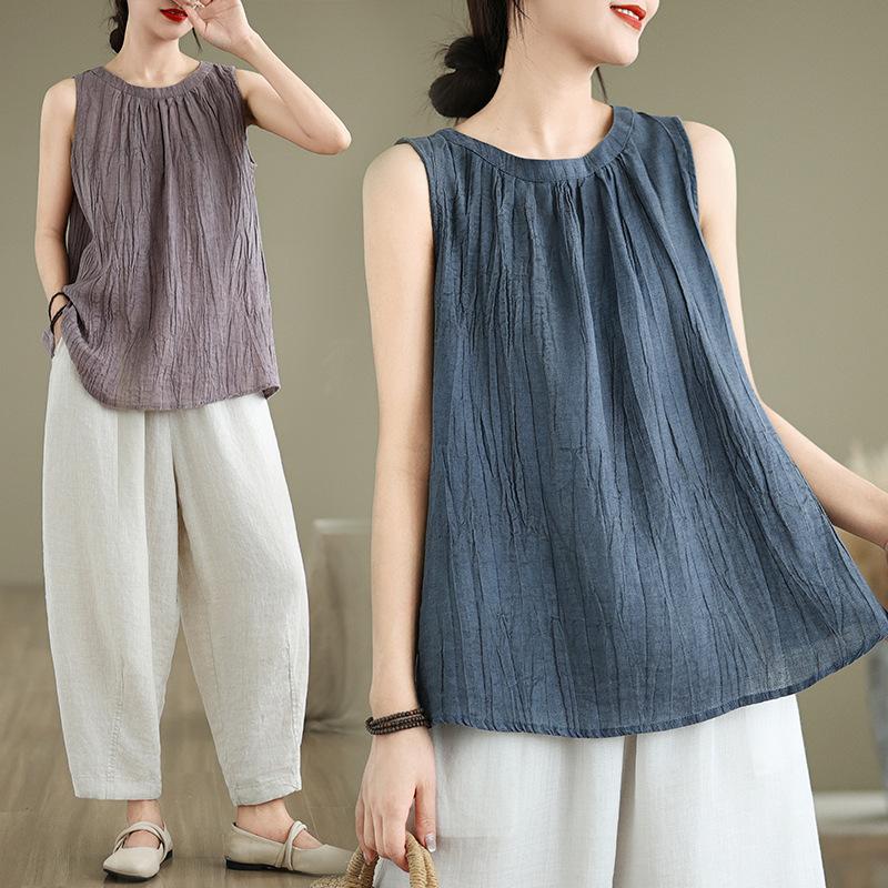 Retro Artistic Hemp Cotton-Linen Loose Women's Vest Svel Summer Faion Pleated Top Casual Versatile Outerwear