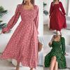 Women Casual European American Polka Dot Ruffled Square Neck Long Sleeve Flared Maxi Dress