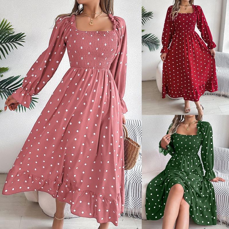 Women Casual European American Polka Dot Ruffled Square Neck Long Sleeve Flared Maxi Dress