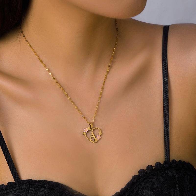 Gold Color Dainty Flower Initials Necklace for Women Trendy Stainless Steel Heart Letter Choker Necklace Alphabet Jewelry Gifts