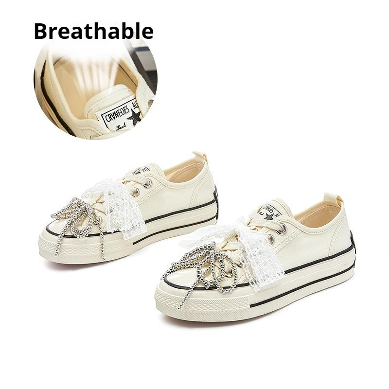

Bowknot canvas shoes thick sole height-enhancing shoes for women comfortable white shoes versatile casual shoes 35 бежевий
