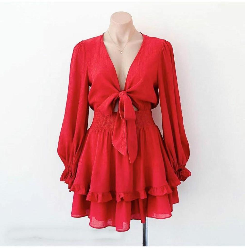 Spring & Autumn V-Neck Long Bubble Sleeve Lace-up Ruffle Dress