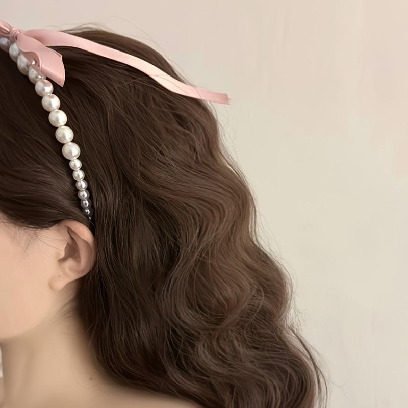 1PC Pink Bow Ribbon Pearl Headband Premium Sense Sweet Temperament Hairpin Headband