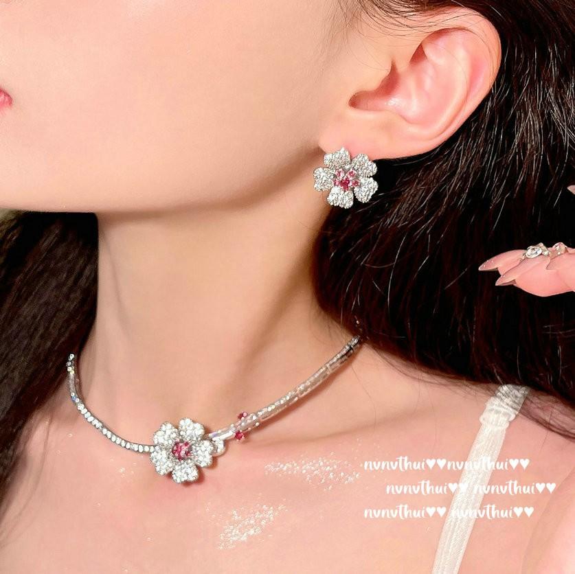 Papalacha Flowery Gemstone Necklace, Antique, Plated With 18K Gold, Pink Hot Pink Flower Zircon Ring Combination.