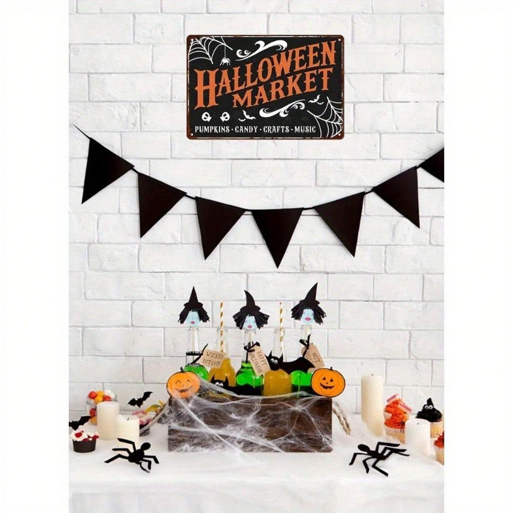 Halloween Tin Sign 8x12in Spooky Witch Pumpkin Ghost Wall Decor, Waterproof, UV Protected, Pre-Drilled Holes