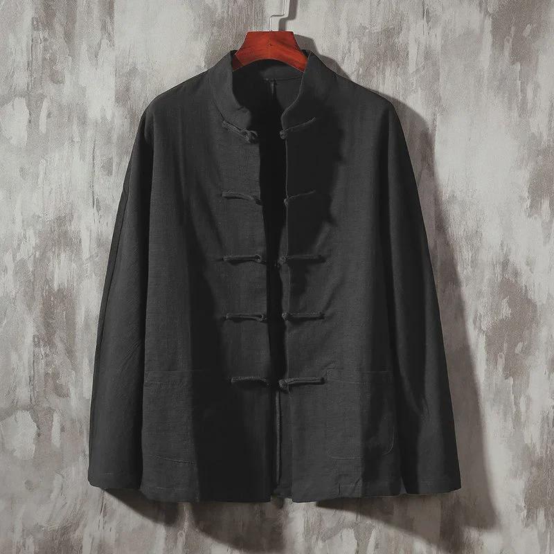 Men's Retro Chinese Style Linen Shirt, Long Sleeve, Button-Up, Stand Collar Tang Suit