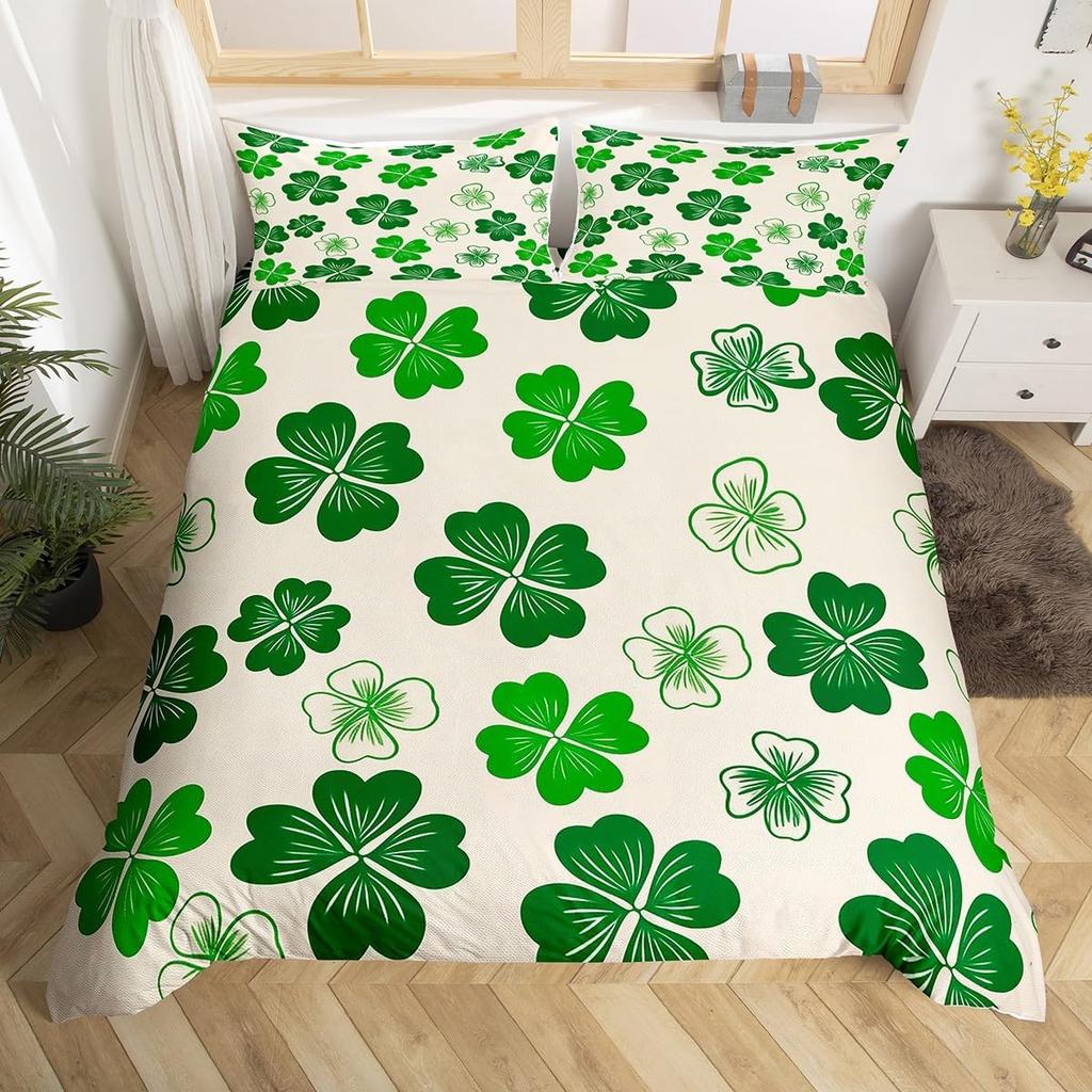 St. Patrick'S Day Duvet Cover Full Queen Spring Gnomes Comforter Cover 2/3 Pcs Green Botanical Leaves Flower Clover Bedding Set