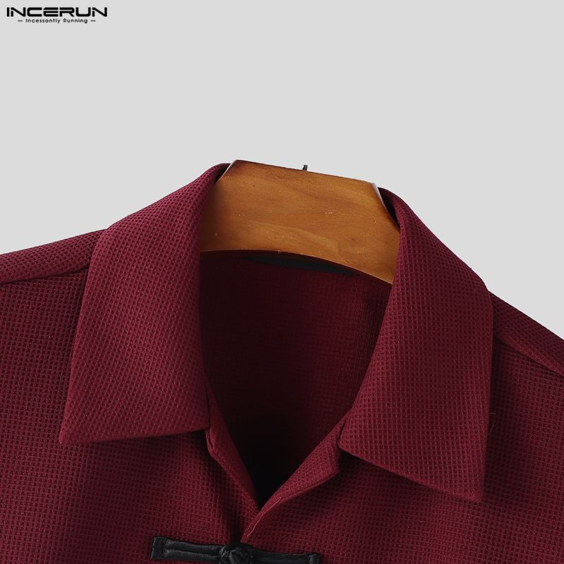 INCERUN Summer Men Lapel Neck Short Sleeve Vintage Knot Casual Shirts Tops