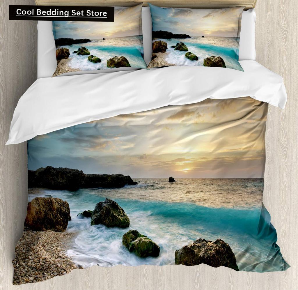 Summer Beach King Queen Duvet Cover Blue Ocean Fish Bedding Set Hawaiian Sea Palm Trees Quilt Cover Marine Life Comforter Cover