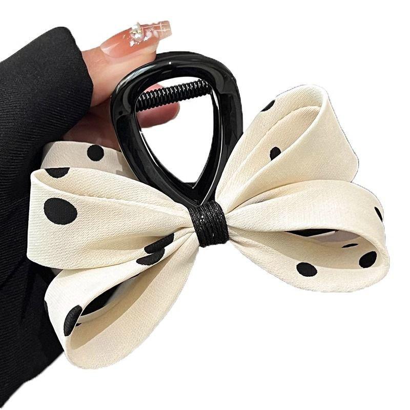 Korean Retro Polka Dot Black and White Bow Claw Clip