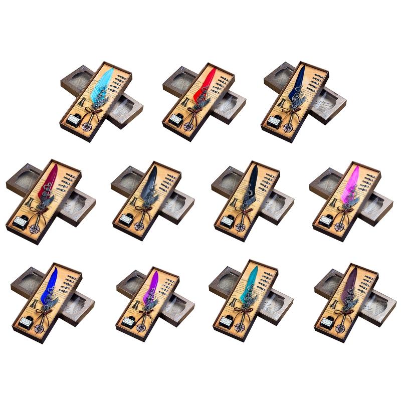 Feather Pen Quill Pen Dip Pen Set with Ink 5x Different Replacement Nibs Pen Holder for Calligraphy Lovers Festival Gift