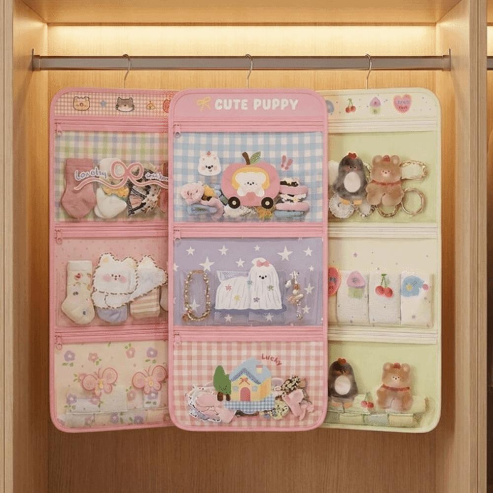 Cartoon Style 3-Layer Hanging Storage Bag Space Saving Mesh Pockets Underwear Storage Hanging Bag Breathable with Hanger