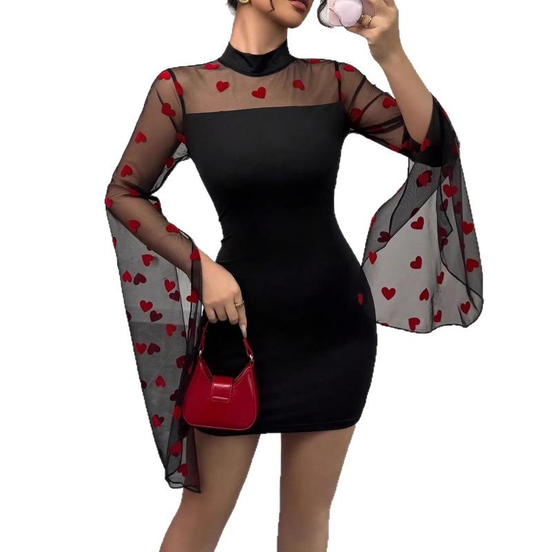 Neues Frühjahrs- und Sommerkleid für Damen Kurzer Rock Hüftbedeckend Sexy Netz Langarm Enganliegend