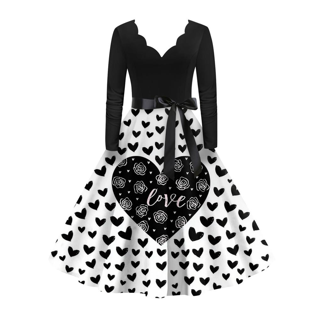 Damska stylowa i elegancka sukienka z długim rękawem, dekoltem w serek w kształcie serca na Walentynki