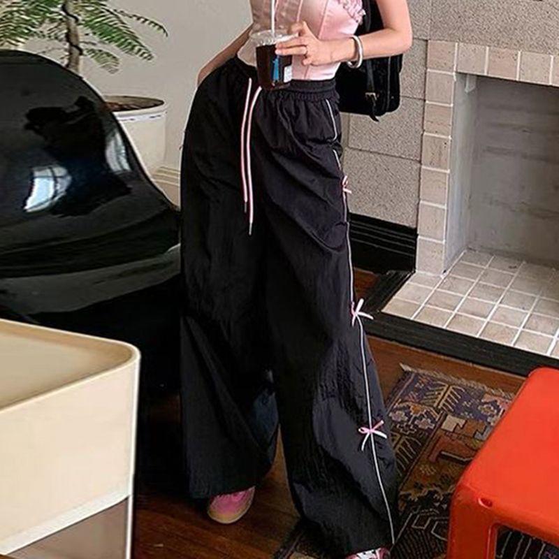 Women's Summer American Y2K Bow Side Stripe Design Lounge Pants - Straight Loose Flared Dance Trousers for Slimming Look