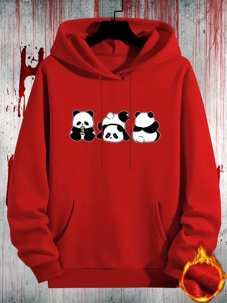 Men's Casual Panda Print Hoodie - Fall/Winter Season Knit Fabric Regular Fit Hooded Sweatshirt with Pocket and Slight Stretch