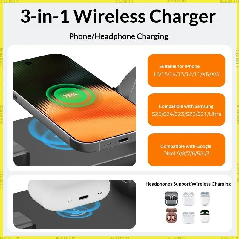 3 Generic In 1 15W Wireless Charger Stand For Iphone 16 15 14 Samsung S25 S24 Google Pixel 9 8 Wireless Earbuds Smart Watch