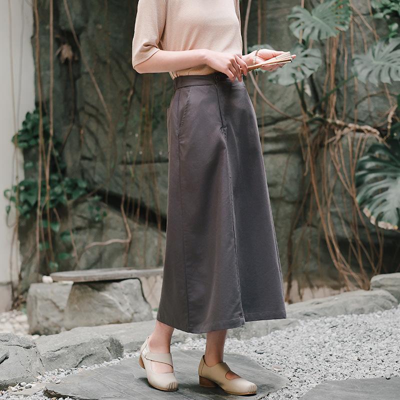 

Johnature Women Vintage A-Line Skirts Spring Solid Color Casual Skirts L серый