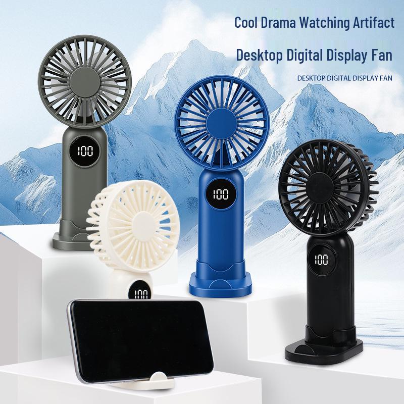 Compact USB Rechargeable Handheld Fan with Digital Display & Phone Holder