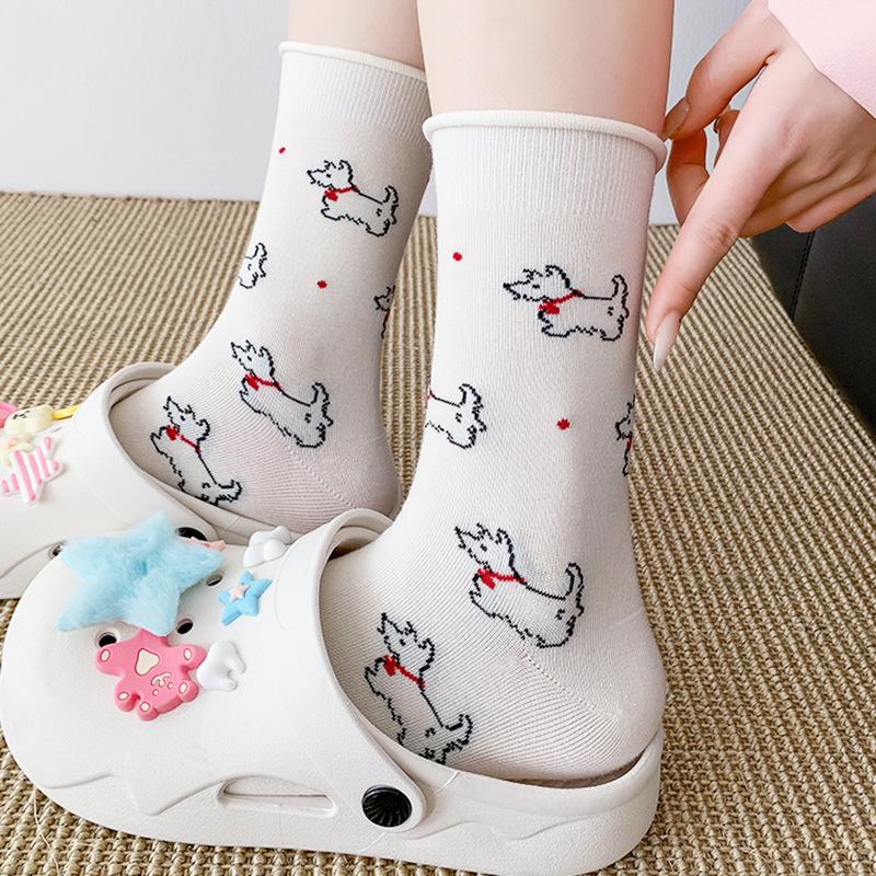 Female Fall Striped Cartoon Cute Preppy Bow Puppy Mid Tube Socks