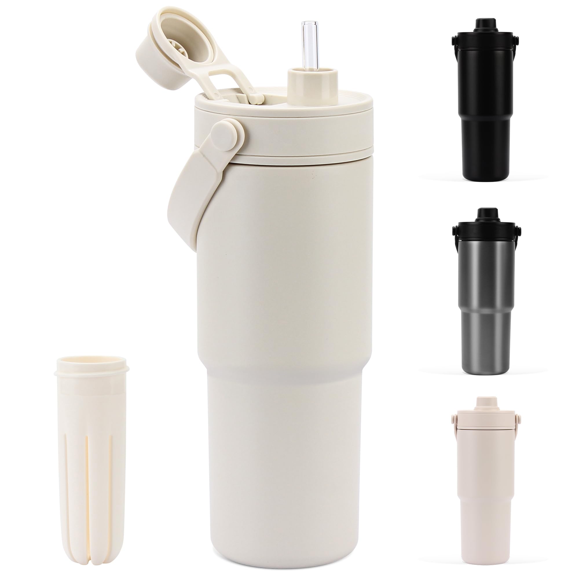 

CLICSUN Тамблер 735 мл Бутылка для воды с соломинкой Керамический тамблер с крышкой Большой объем Прямое питье Вакуумная изоляция Поддерживает горячим и холодным Бесшовный белый