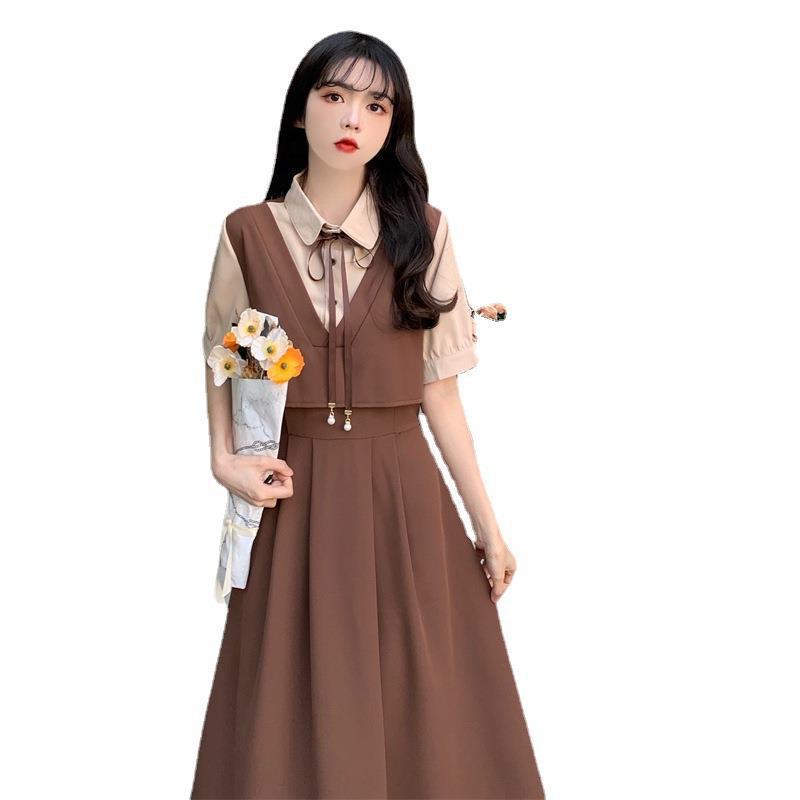 Damen Retro Patchwork Petite Sommerkleid: College-Stil, Kurzärmelig, Übergröße, Lockere Passform, Schlankmachender Zweiteiler-Look