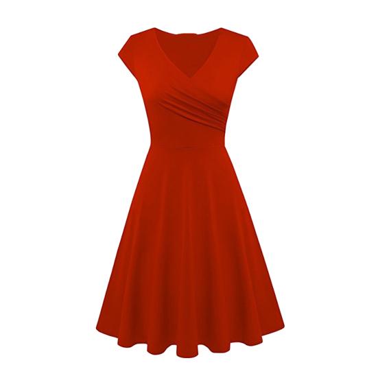 Fashion Women Solid Color V Neck Short Sleeve Plated Swing Party Banquet Dress