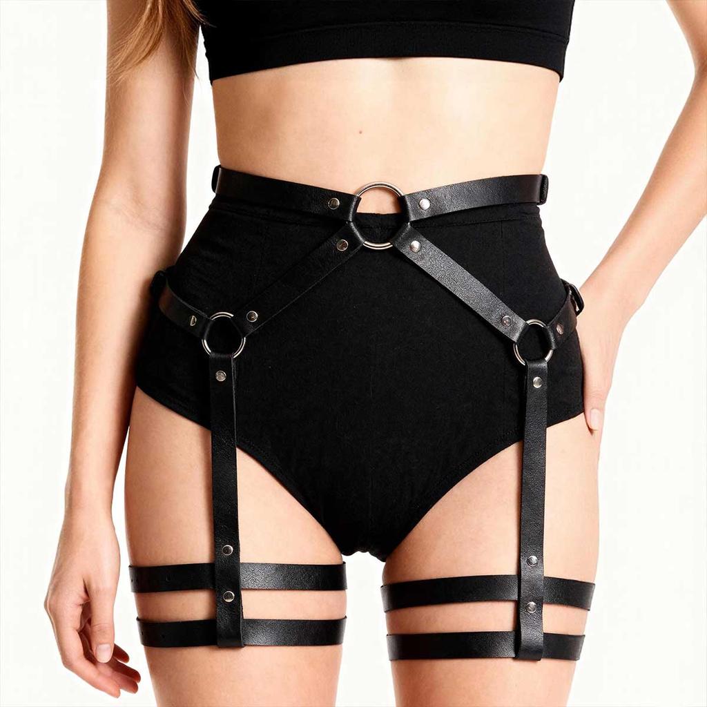 Black Leather Full Body Harness with Cuffs - Adjustable Straps Thigh Sexy Black Faux Leather Thigh Plus Size Lingerie for Women