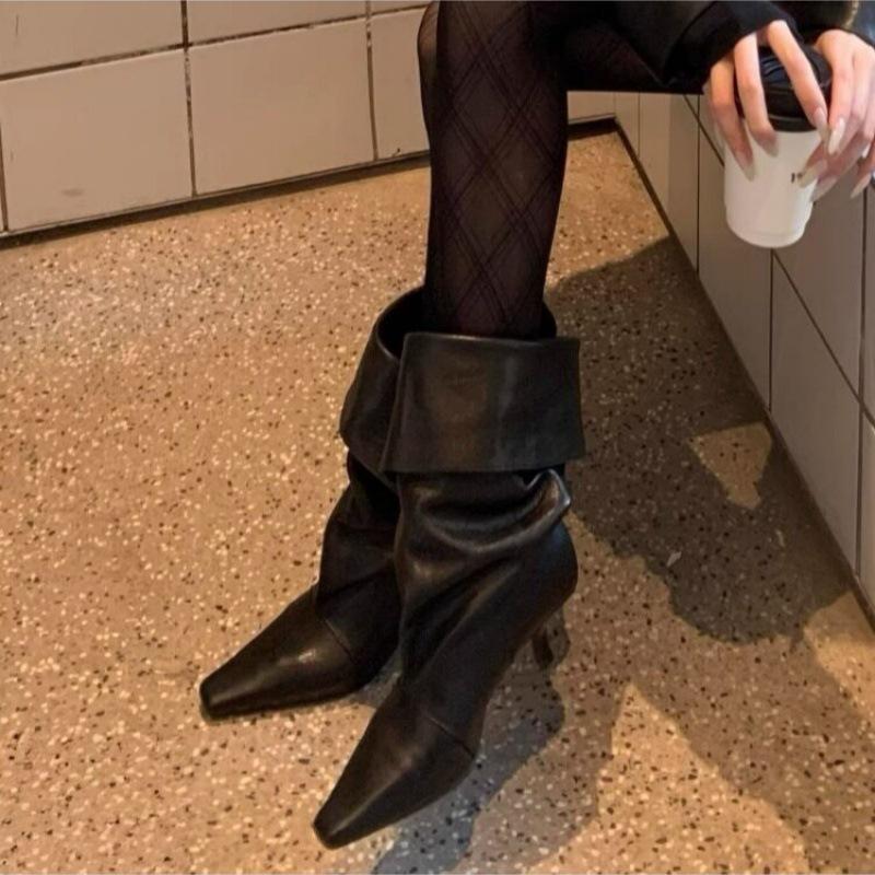 Black niche two wear pointed high-heeled boots, thin heel piled boots, western cowboy boots, knight boots look thin