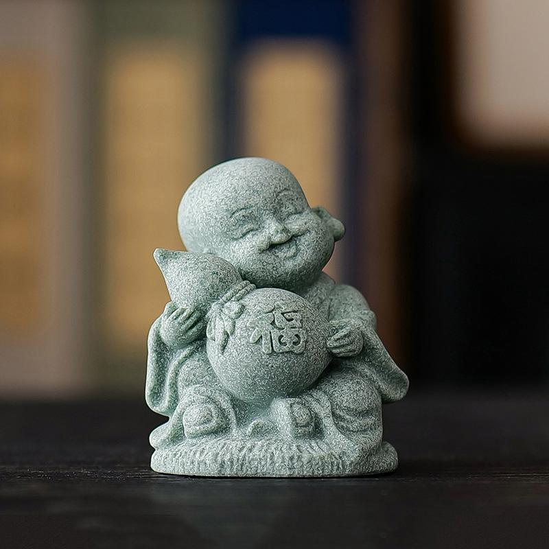 Green Sandstone Fu Lu Shou Little Monk sculptures and figurines Cute Home Room Office Wealth Luck Feng Shui Decor statuette